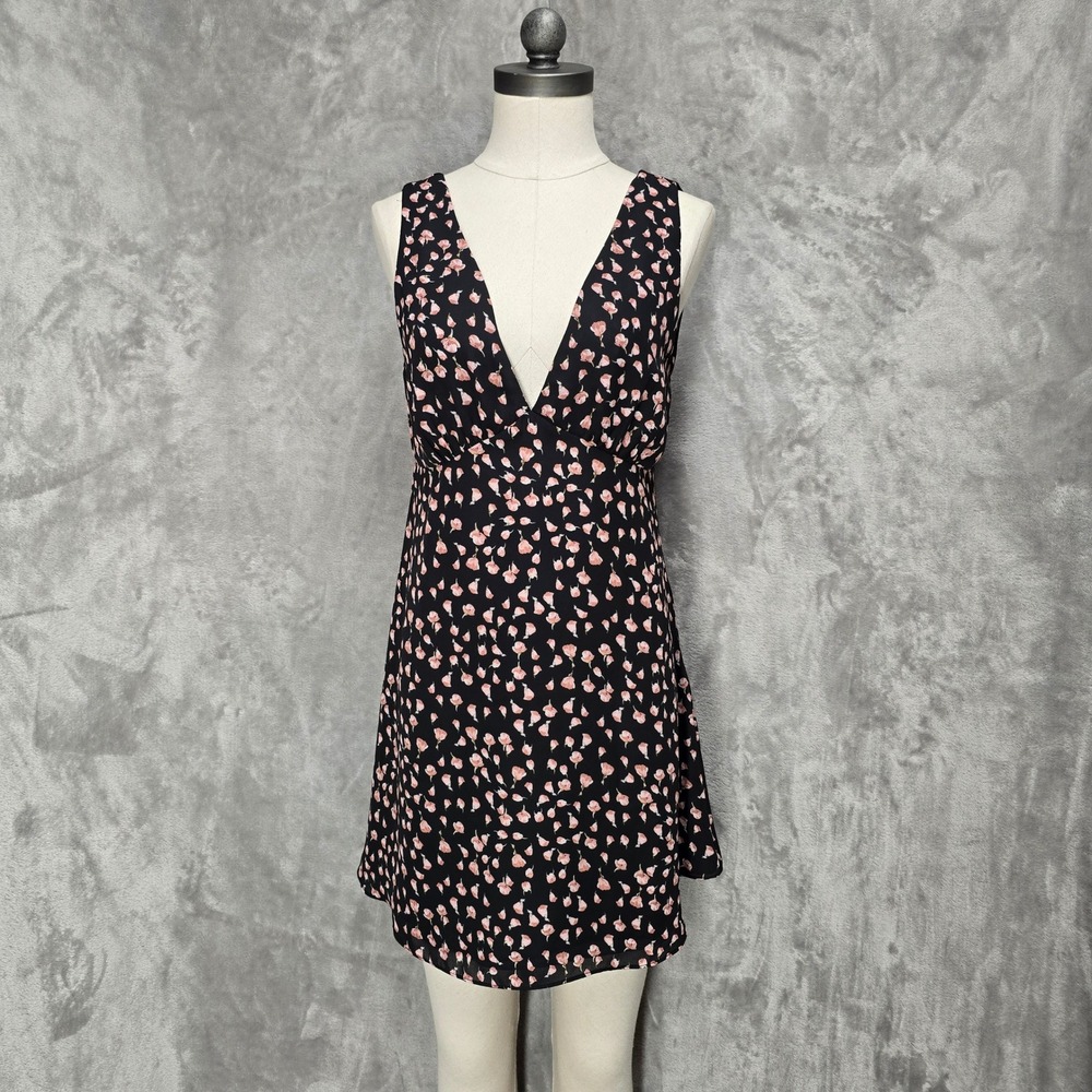 Y2K BP Floral‎ Babydoll V Neck Sleeveless Mini Dress Black Pink Size S Coquette